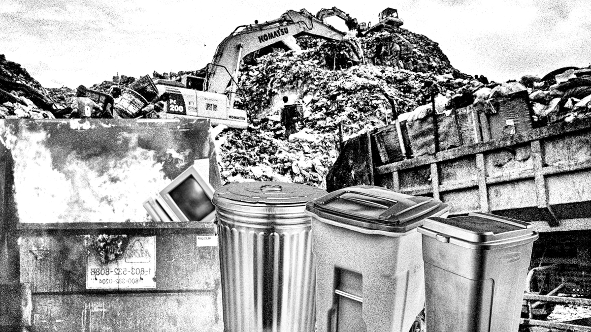 A collage style image of a garbage heap with several trash cans and a burning dumpster, with a computer inside.